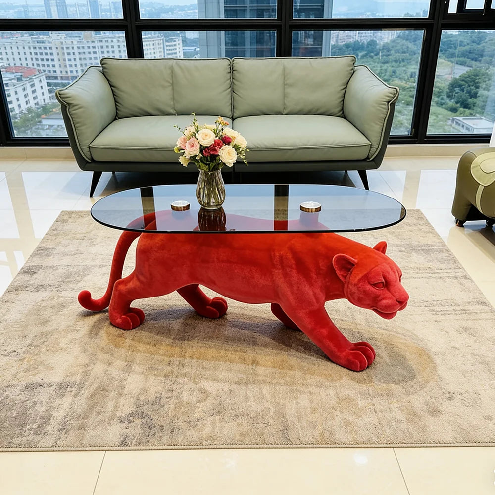 Luxury Modern Red Panther Coffee Table Animal Shape Glass