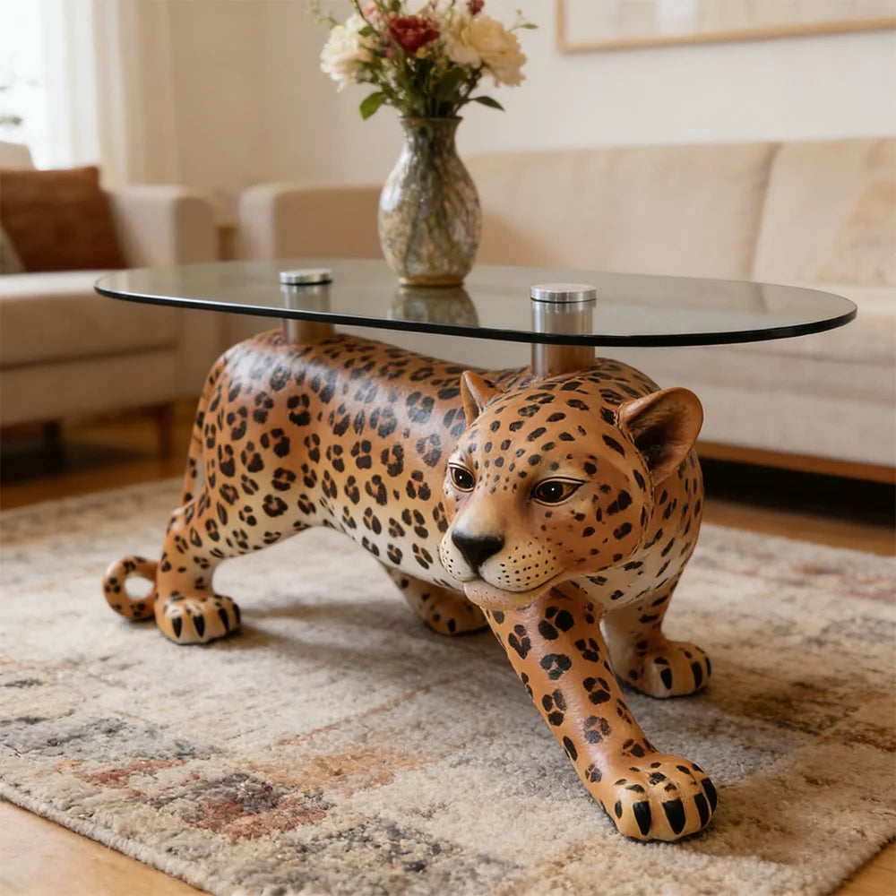 Modern Creative Panther Coffee Table Tempered Glass Surface Leopard Base