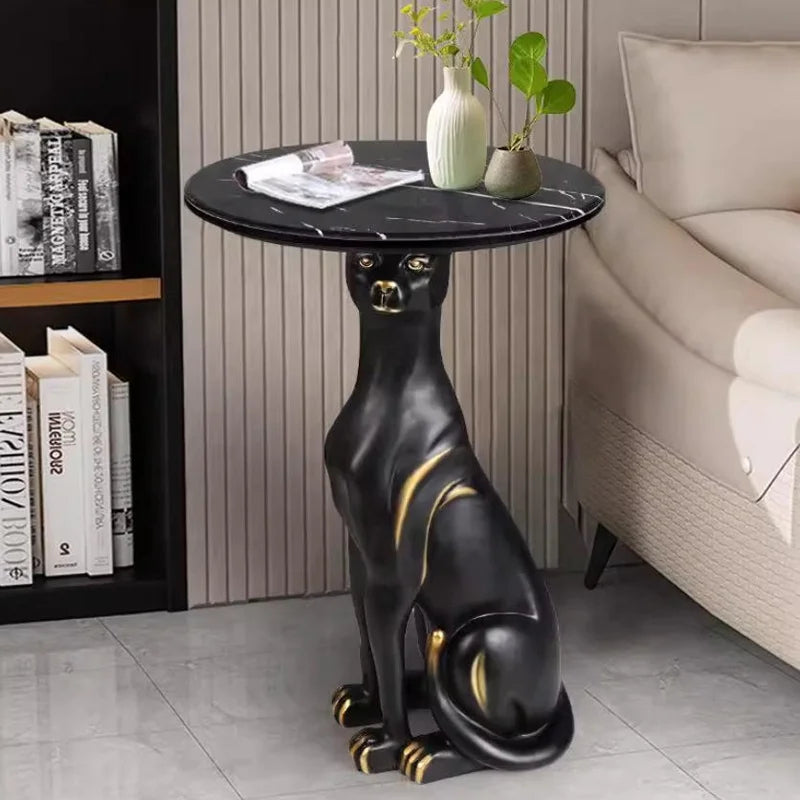 Creative Side Table Black Animal Sculpture Base Cat Dog Leopard