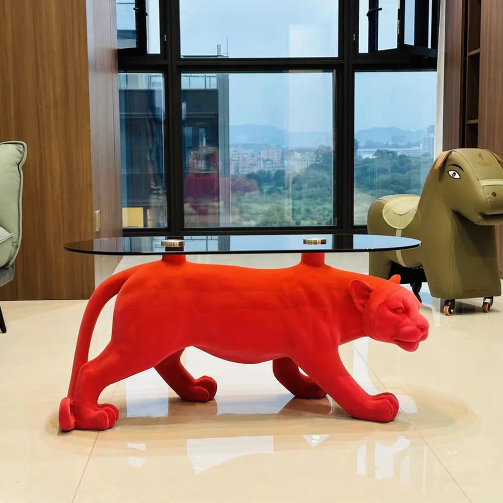 Luxury Modern Red Panther Coffee Table Animal Shape Glass