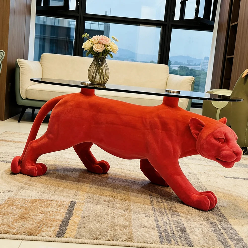 Luxury Modern Red Panther Coffee Table Animal Shape Glass
