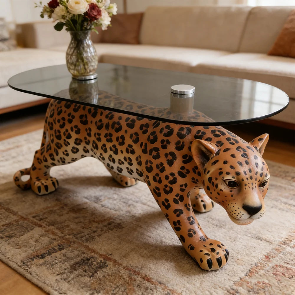 Modern Creative Panther Coffee Table Tempered Glass Surface Leopard Base