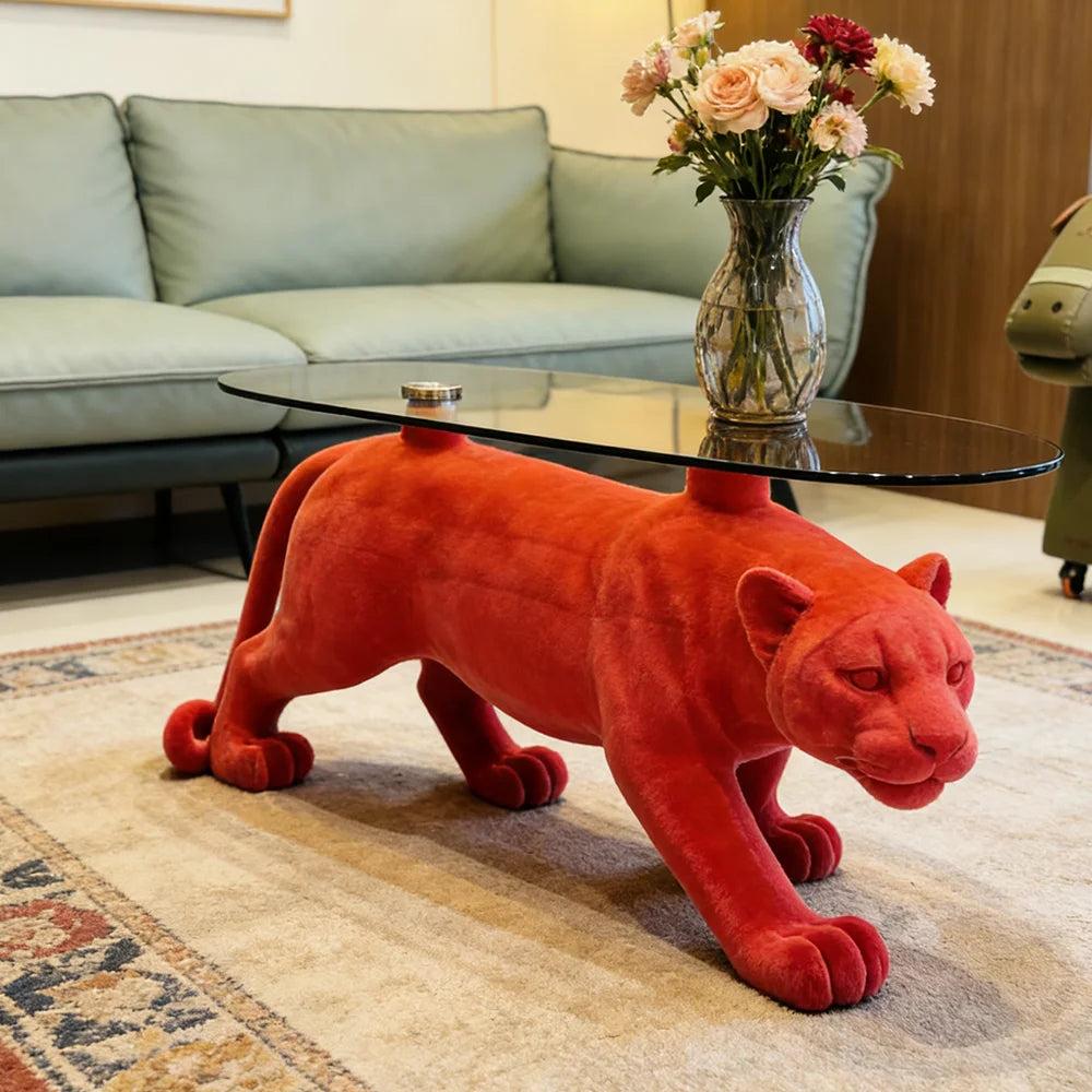 Luxury Modern Red Panther Coffee Table Animal Shape Glass