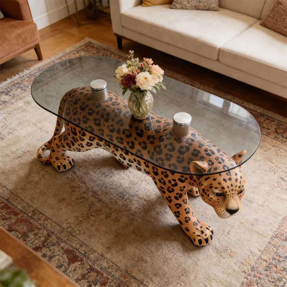 Modern Creative Panther Coffee Table Tempered Glass Surface Leopard Base