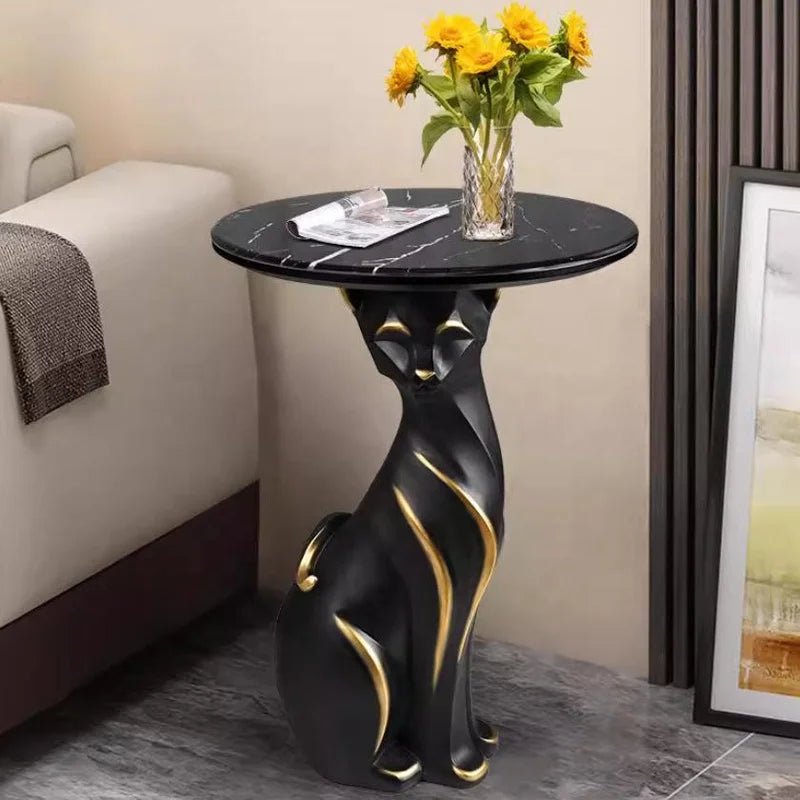 Creative Side Table Black Animal Sculpture Base Cat Dog Leopard