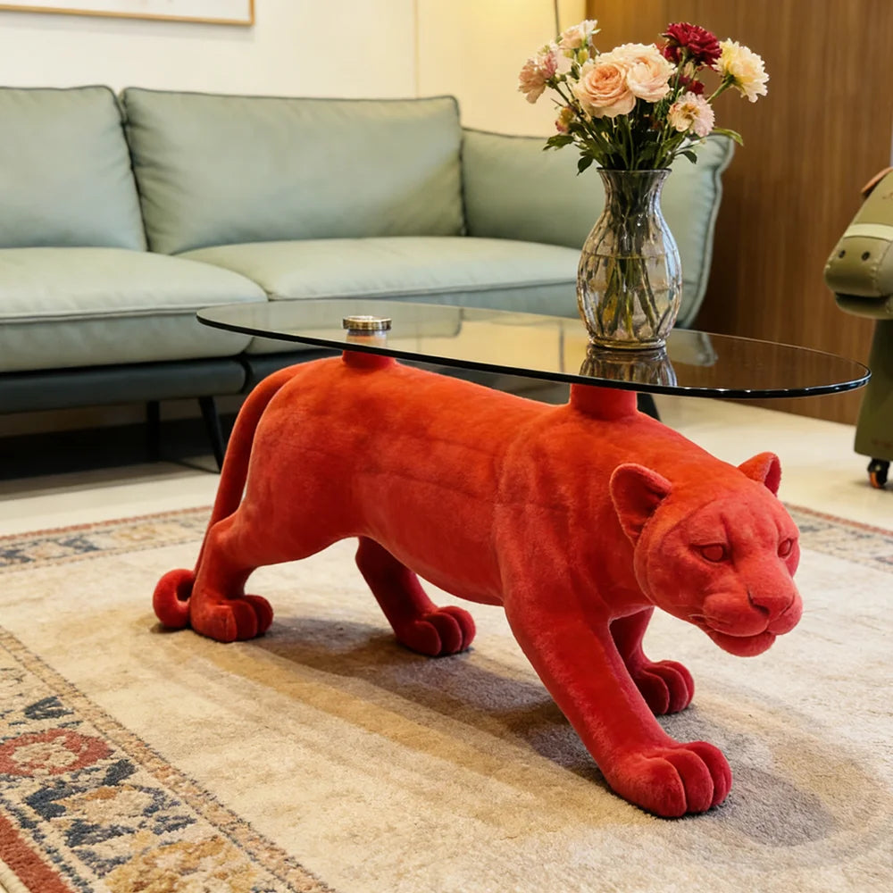 Luxury Modern Red Panther Coffee Table Animal Shape Glass