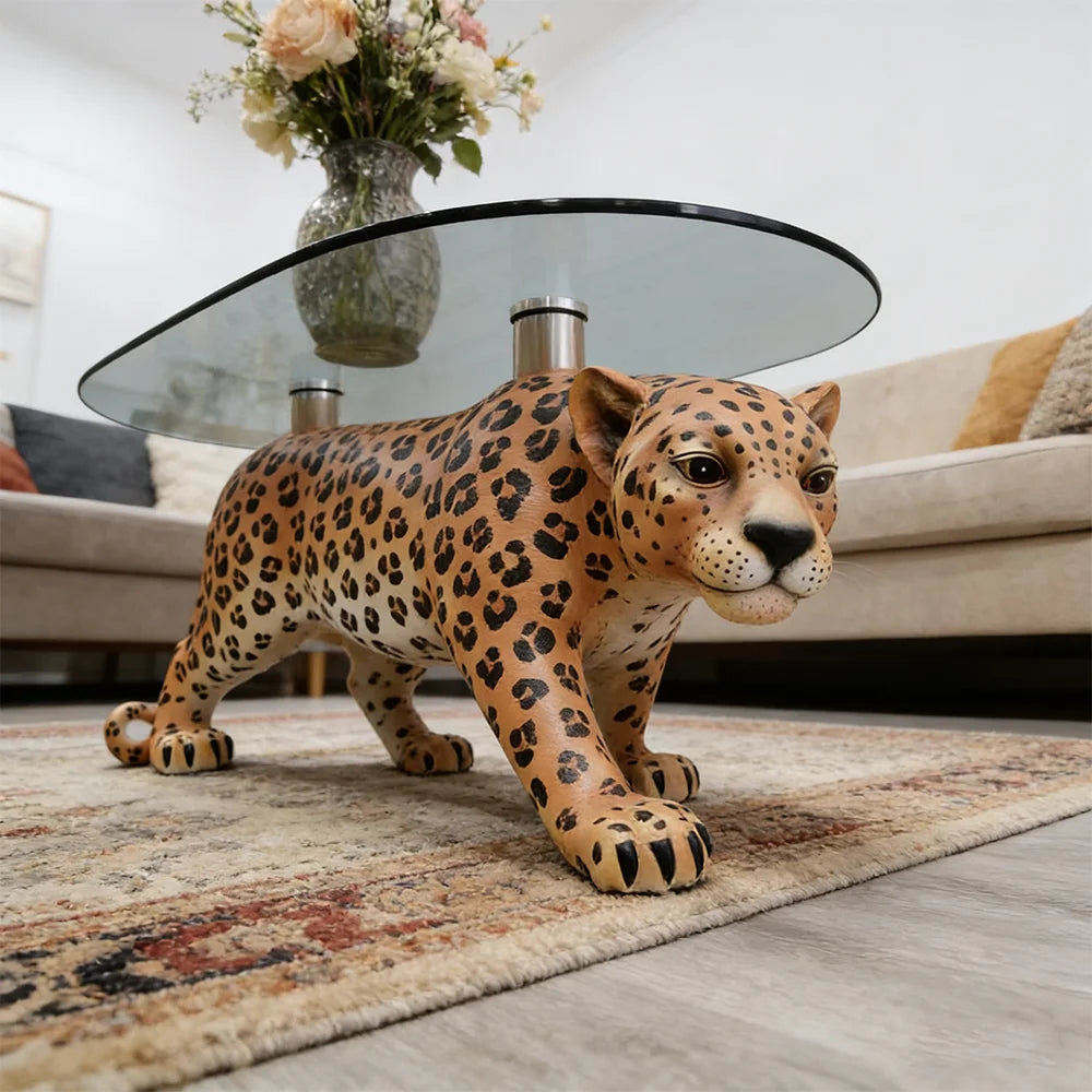 Modern Creative Panther Coffee Table Tempered Glass Surface Leopard Base