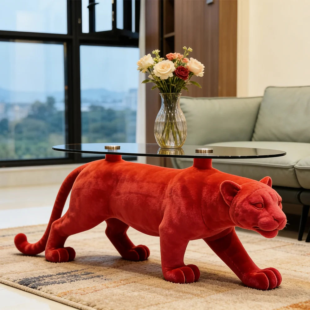 Luxury Modern Red Panther Coffee Table Animal Shape Glass