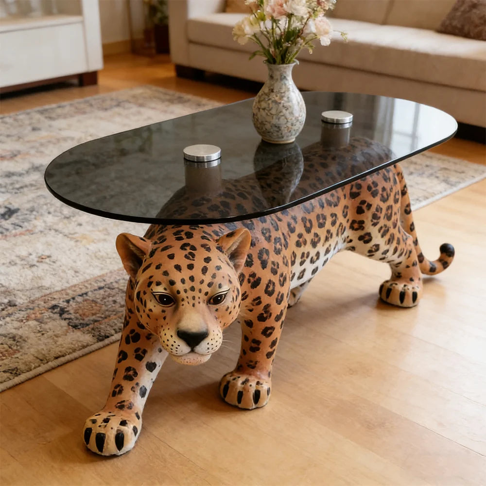 Modern Creative Panther Coffee Table Tempered Glass Surface Leopard Base