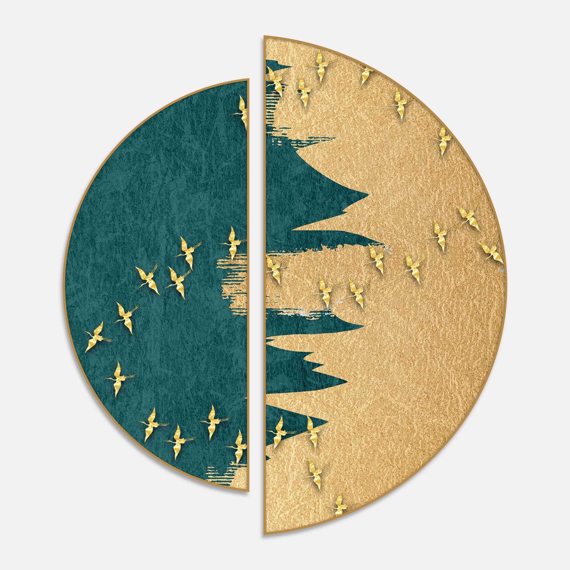 Golden Birds Flying Luxurious Art Semi Circle Frames Set Of 2