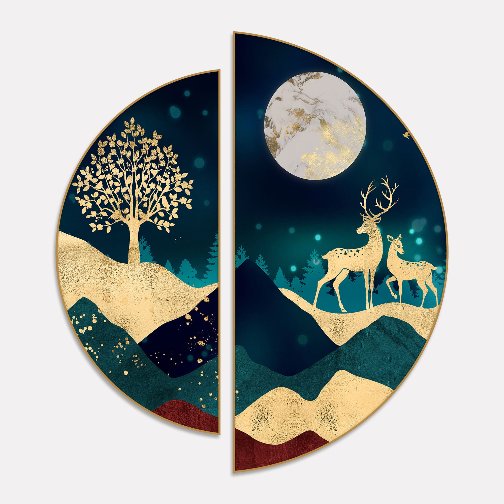 Modern Art of Mountains and Deer Semi Circle Frames Set Of 2